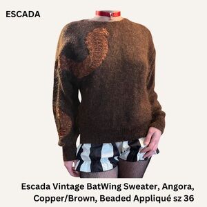Escada Vintage BatWing Sweater, Angora, Copper/Brown, Beaded Appliqué sz 36